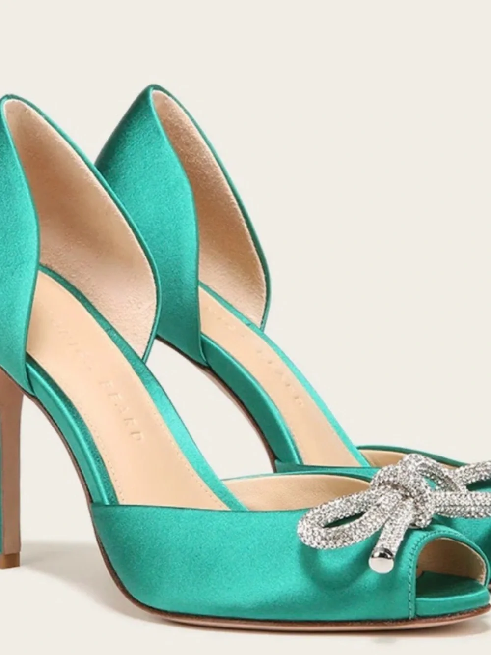 Veronica Beard Teal Satin D'Orsay Peep-Toe Pumps with Crystal Bow